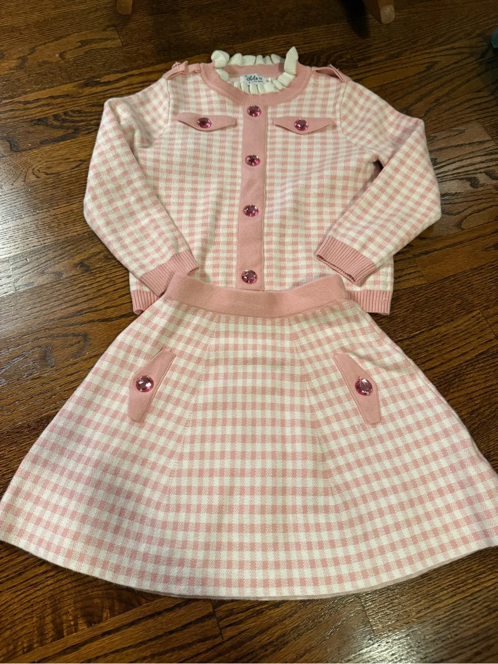 Lola + The Boys Pink and White Gingham Knit Cardigan & Skirt Set